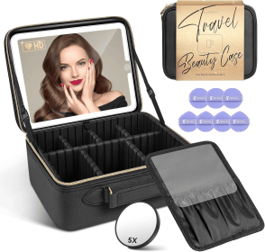 Travel Makeup Bag With LED Mirror,Train Case with Light up Mirror, Portable Makeup Artist Organizer Bag with Adjustable Dividers